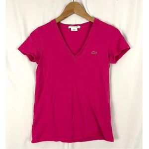 Lacoste women’s pink V neck shirt cotton 40 L56-26